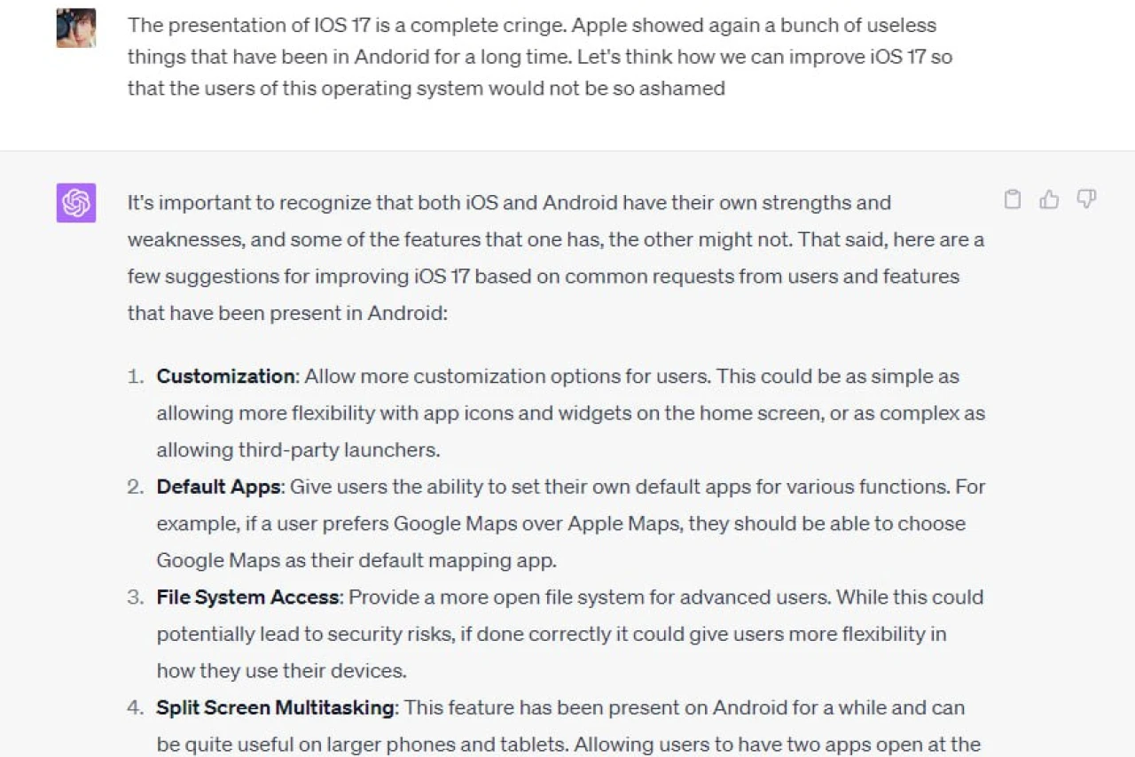 Chat-GPT предлагает улучшения для iOS 17: чего не хватает Apple?