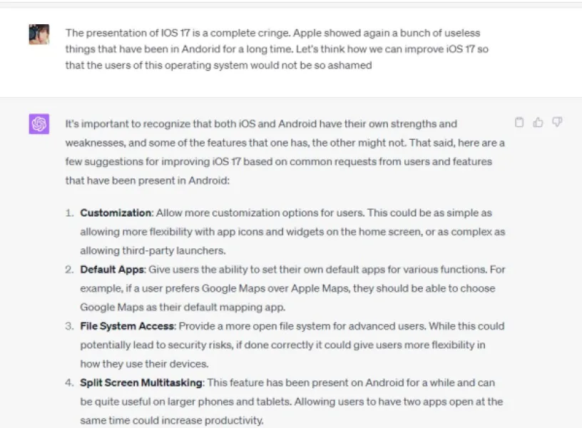 Chat-GPT предлагает улучшения для iOS 17: чего не хватает Apple?