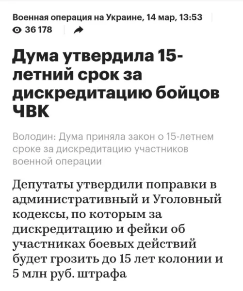 Критика ЧВК Вангер теперь приравнивается к дискредитации СВО и грозит 15 годами тюрьмы
